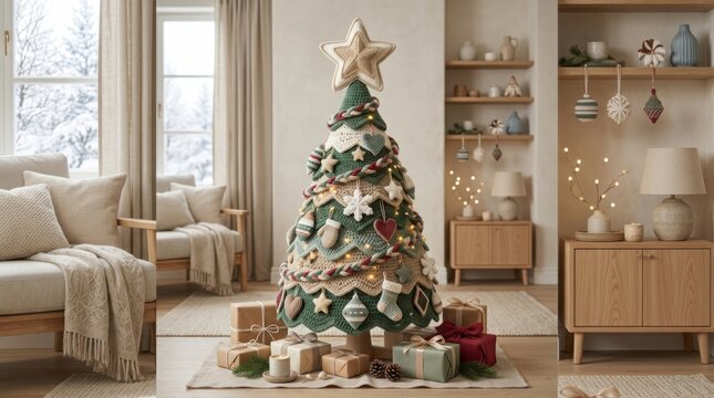 Festive fabric Christmas tree with gifts in cozy Scandinavian living room