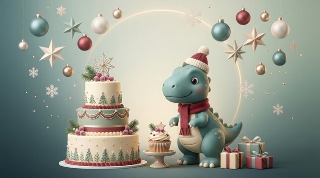 Cute dinosaur with Santa hat and scarf near festive tiered cake and gifts during Christmas celebration
