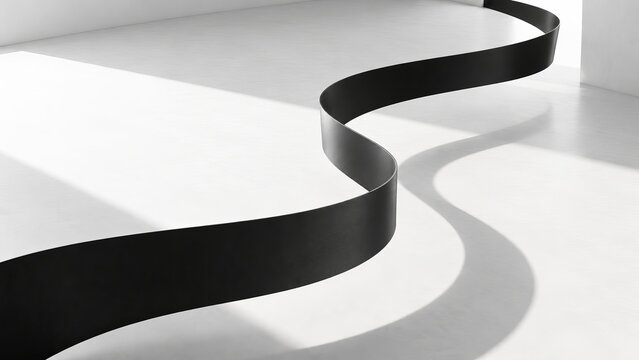Black Ribbon Curving Across White Architectural Void