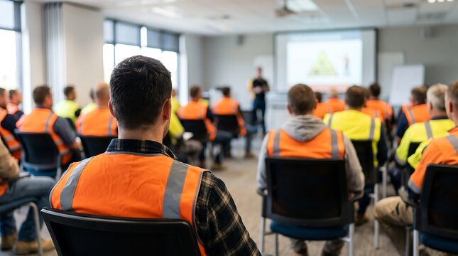 Construction Workers and Engineers in Safety Vests Attending Workplace Safety Training Seminar and Corporate Briefing Presentation in Modern Conference Room Audience Setting