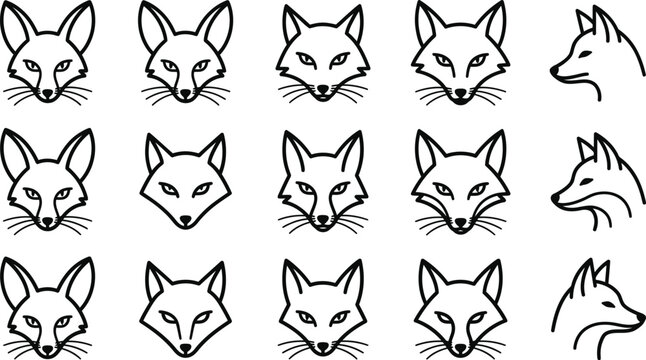 Minimalist black outline fox icons collection arranged in a grid showing front view faces and side profiles vector illustration for wildlife branding
