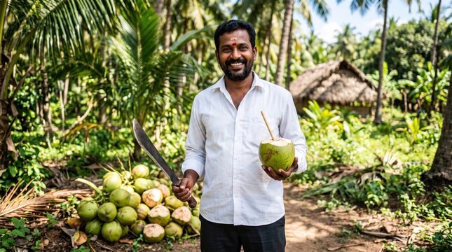 Smiling indian farmer holds a machete and fresh green coconut