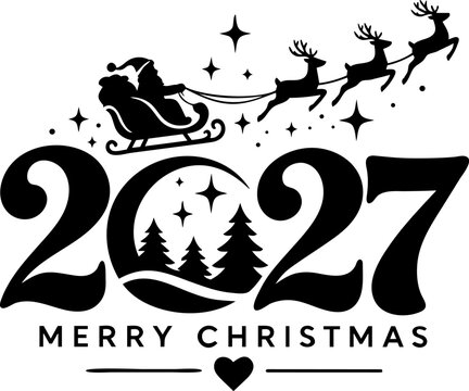 2027 Merry Christmas Typography with Santa Sleigh and Reindeer