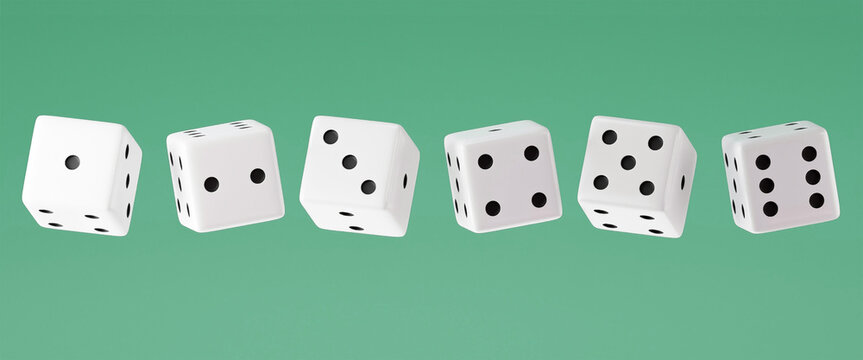 Six consecutive floating dice in a row on Pear Green Teal background. 6 White dices with Black dot. floating dices