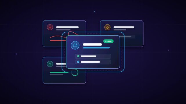 Animated shield icon morphing into modular dashboard panels with data charts