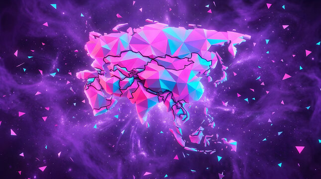 Abstract low polygon geometric map of asia floating in a purple cosmic nebula with floating energy particles low poly polygon continent cosmic background digital terrain futuristic spac