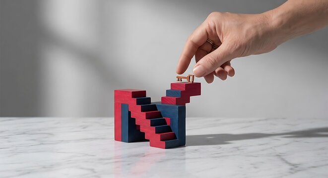 A miniature staircase with a golden key is being placed on the top step