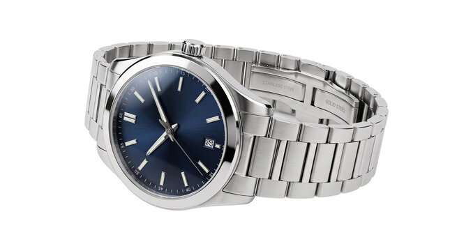 Luxury men watch with blue dial, stainless steel wristwatch with silver metallic bracelet, modern analog timepiece for business accessories isolated PNG with Transparent Background