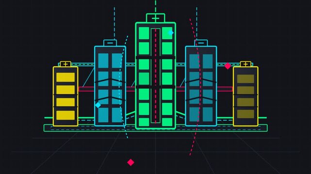 Neon vector graphic animation showing smart city battery energy storage infrastructure on a dark grid background with digital data interface elements