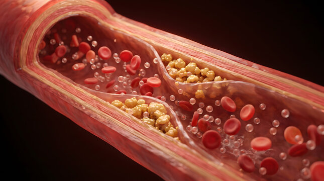 Transparent longitudinal section of blood vessel displaying cholesterol crystallization and lipid deposits blocking erythrocytes flow