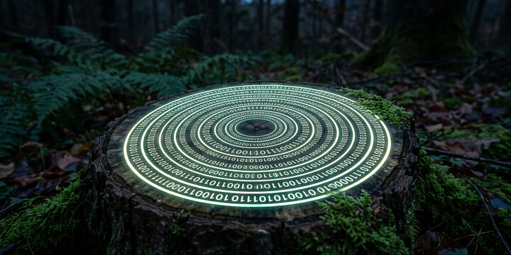 Glowing binary code concentric rings on weathered mossy tree stump in deep dark mysterious forest reflecting digital age integration with nature.