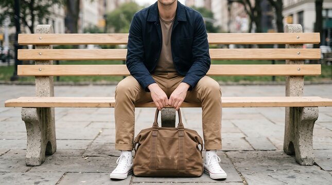 Man Sitting on Park Bench with Brown Leather Duffel Bag: Casual Urban Travel and Commuting Style. Navy Jacket, Tan Pants, and White Sneakers.