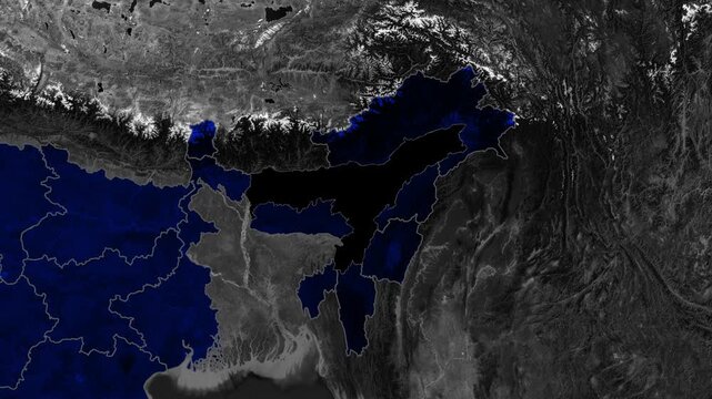 Assam state map animation showing borders, geography, landscape, location, and northeastern Indian territory in 4K