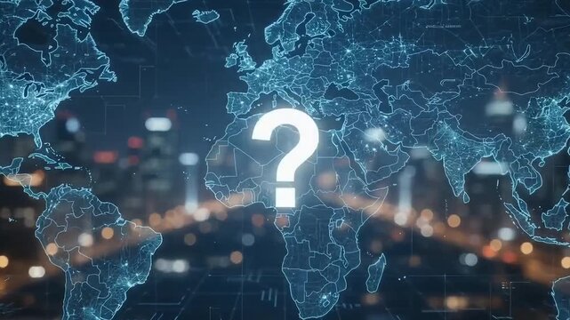 Digital world map hologram overlaying modern city skyline with glowing question mark symbol motion video