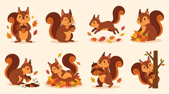 Set of cute cartoon squirrel characters in various poses with autumn leaves and acorns