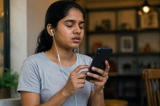 A blind Asian teenage girl uses touch gestures and earphones to navigate a smartphone by audio feedback. Accessible technology and digital independence