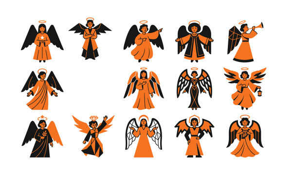 Set of black and orange angel icons with various poses and wings for religious design and holiday celebration greeting cards