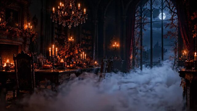 Halloween dining room with candles and fog in a dark gothic mansion at night with full moon view
