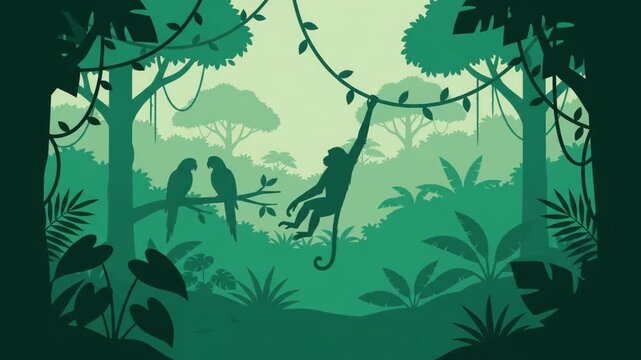 A lush green jungle scene shows a monkey swinging on vines while two parrots perch on a branch, in a tropical flat illustration animation.