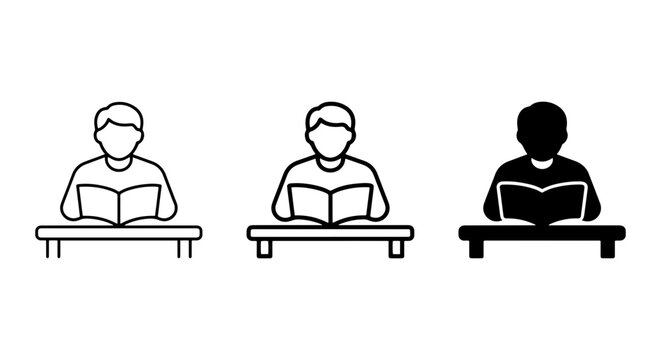 Reading Person Icons, Education Study Symbols, Knowledge Learning Graphics