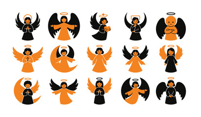 Obraz premium Set of cute angel icons with wings and halos in orange and black colors for holiday design and religious graphic projects