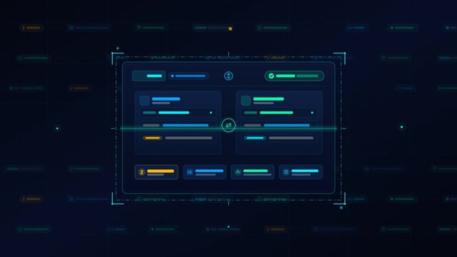 Futuristic dark mode HUD interface with glowing vector data panels