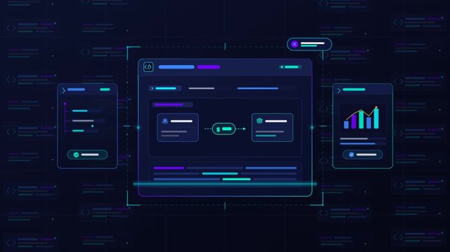 Dark mode vector UI dashboard with financial data graphs and HUD elements