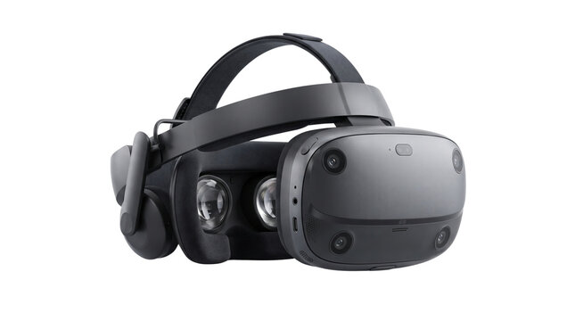 Black virtual reality headset isolated on white background studio shot