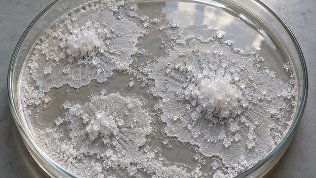 Salt Crystals Expanding Across a Shallow Evaporation Dish