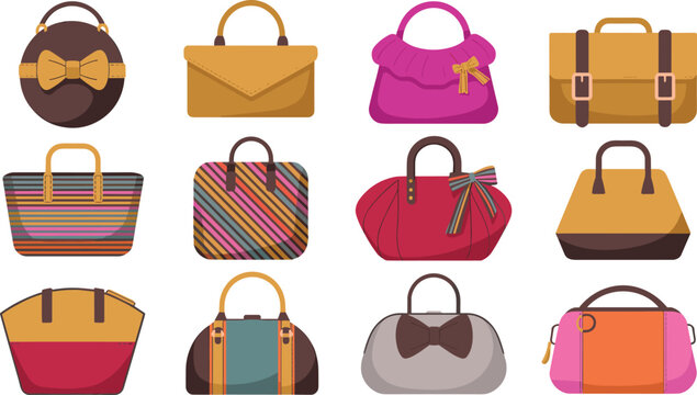 Women fashion handbags and purses vector icon collection featuring colorful tote bags leather briefcases clutches and shoulder satchels for accessories retail design