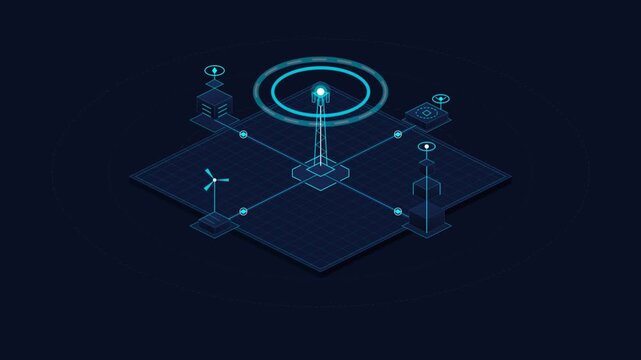 Isometric digital network animation featuring central data tower and connected smart infrastructure nodes on a glowing blue dark mode grid