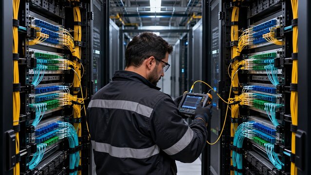 Fiber technician verifying redundant links in a financial operations server room