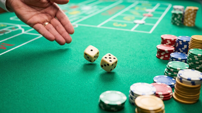 Hand throwing dice on green felt craps table game, surrounded by colorful casino chips. Thrilling craps table game action with white dice in mid air, symbolizing risk and excitement.