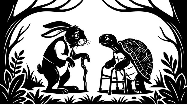 Elderly rabbit and tortoise characters with walking aids in forest