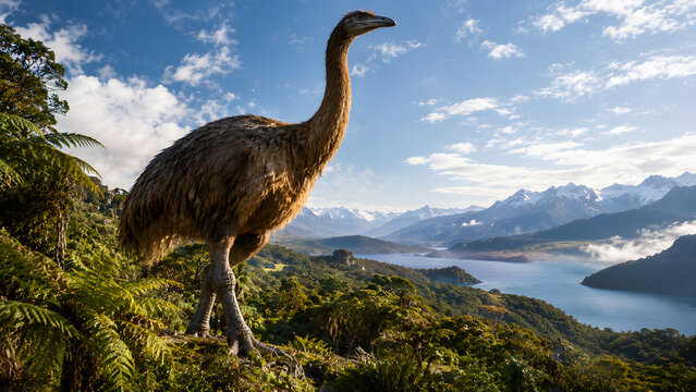 Moa Giant Flightless Bird of New Zealand, Prehistoric Bird with Towering Height and Powerful Long Legs, Wildlife Illustration