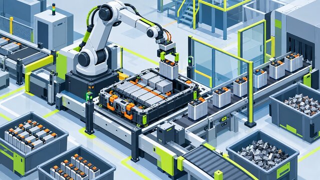Robotic arm separating battery cells in automated recycling plant