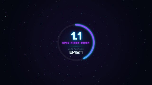 Futuristic 4K motion graphic stock asset for 1.1 New Year sales, featuring a glowing neon cyan circular progress bar, holographic text, radiating hyperspace particles, and a rapid countdown timer.