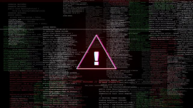 High tech cybersecurity warning alert triangle on a dark screen with glitching effects, scrolling source code, and corrupted data artifacts. Perfect for hacker, cyber attack, and system failure overla