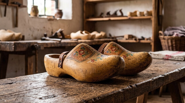 Traditional Dutch wooden clogs on rustic table in workshop with tools in background. Dutch wooden clogs demonstrate craftsmanship and authenticity in shoe making.