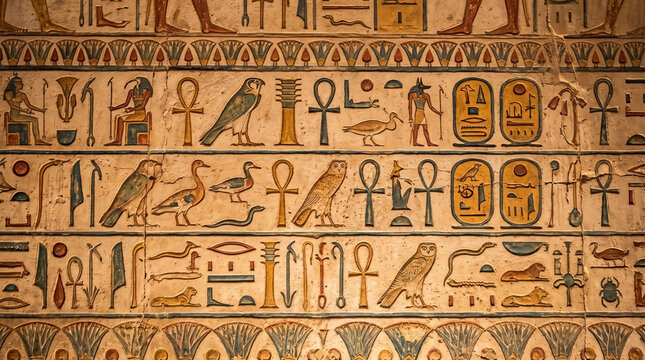 Ancient Egyptian hieroglyphs displayed on wall featuring intricate symbols and imagery. Egyptian hieroglyph wall painting showcases diverse signs such as birds, ankh, and various ancient symbols.