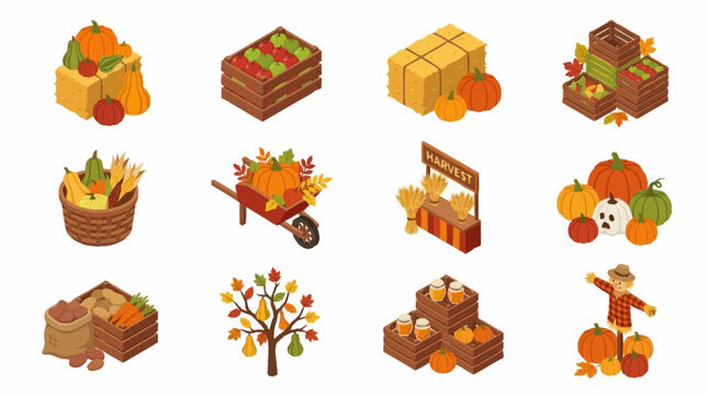Corporate Autumn Harvest Collection Isometric Illustrations of Pumpkins Vegetables and Seasonal Harvest Elements in Warm Colors