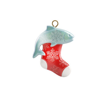 A whimsical christmas ornament featuring a silver fish seemingly bursting out of a festive red stocking