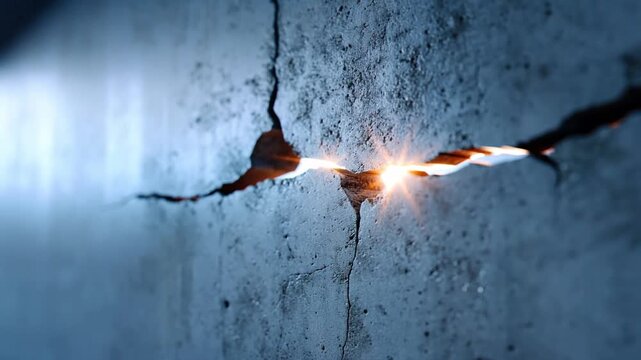 Cracked concrete wall with light shining through gap casting shadow telling story of hidden strength and crack resilience
