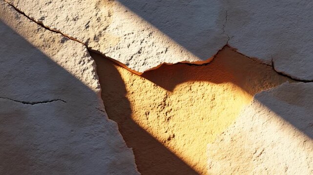 Cracked wall reveals story with light and shadow playing across textured surface creating warm depth and natural contrast