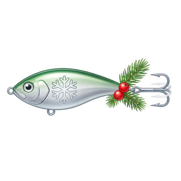 Festive fishing lure a silver fish shaped bait decorated with holiday greens and berries
