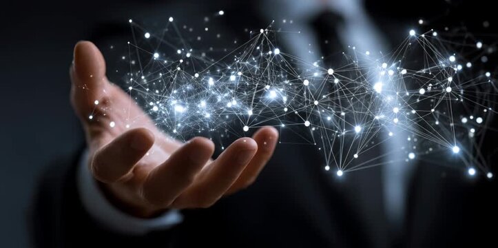 Businessman's hand presenting a futuristic glowing network structure representing global connection