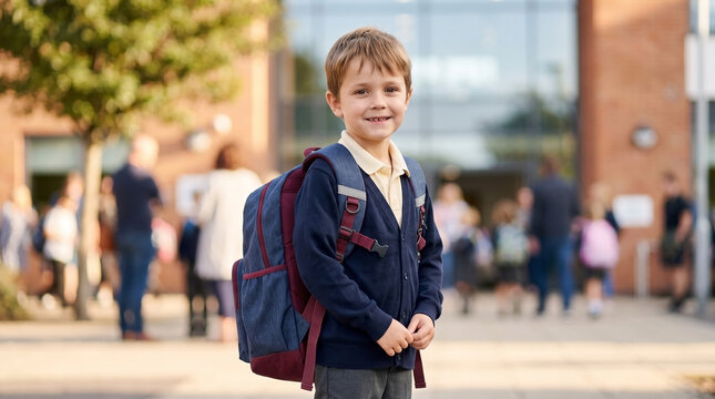 Happy schoolboy with backpack in front of school, smiling and ready for a new year. Schoolboy stands proudly as students gather in the background, marking start of a new school journey.
