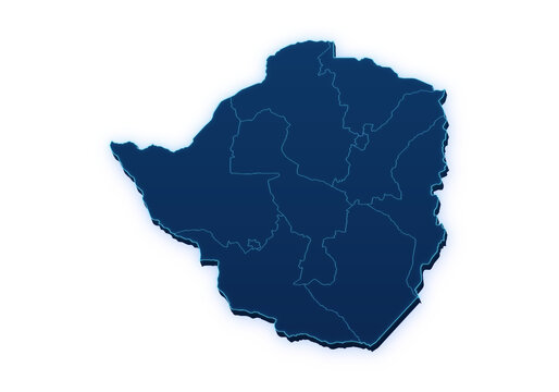 Neon blue pseudo 3D map of Zimbabwe with administrative regions isolated on transparent background