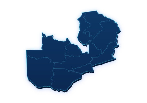 Neon blue pseudo 3D map of Zambia with administrative regions isolated on transparent background