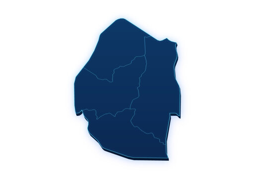 Neon blue pseudo 3D map of Kingdom of eSwatini with administrative regions isolated on transparent background